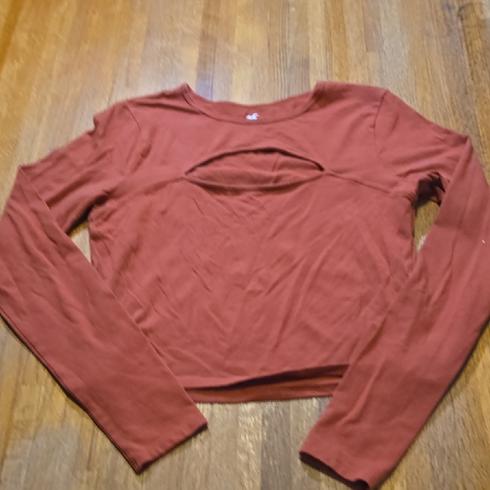 Hollister Women Large Clay Brown Long Sleeve Cutout Keyhole Round Neck Top